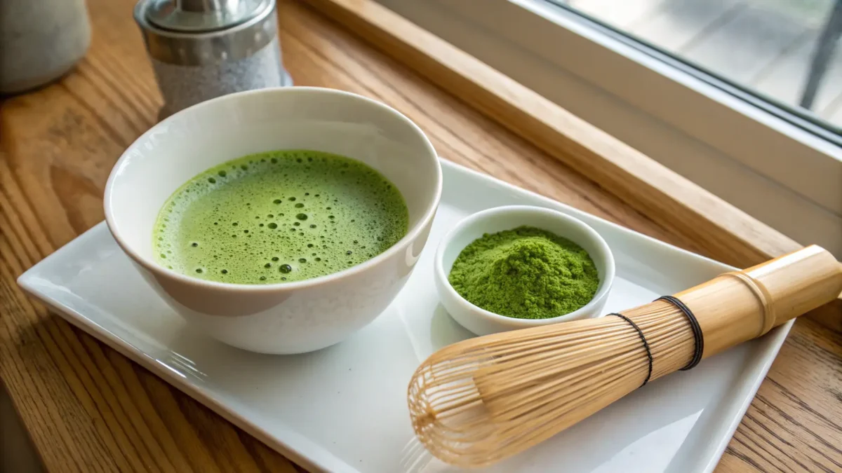 Can Hot Water Destroy Matcha’s Nutrients? Let’s Break It Down 1 A frothy cup of matcha tea, garnished with matcha powder, highlighting the perfect brewing technique