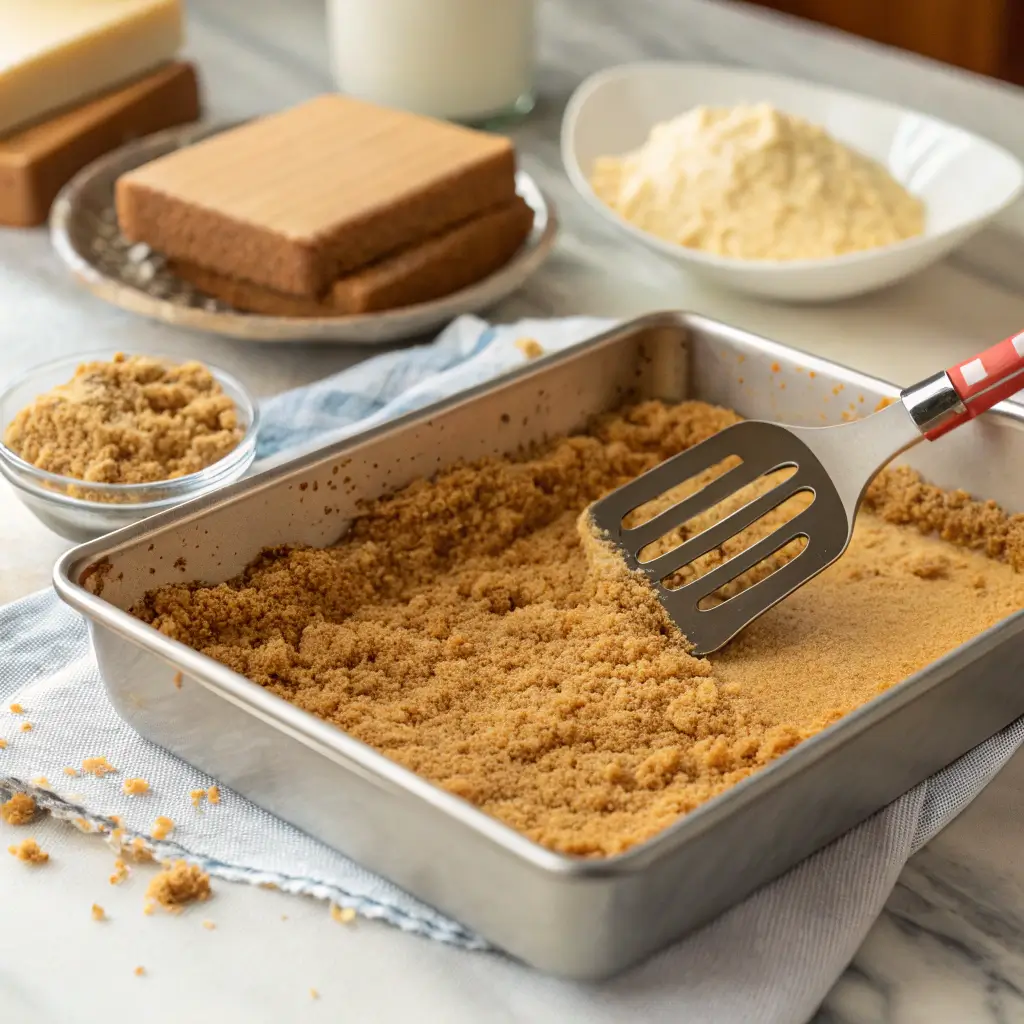 No-Bake Cheesecake Bars: The Ultimate Easy Dessert Recipe 104 Pressing the graham cracker crust for no-bake cheesecake bars