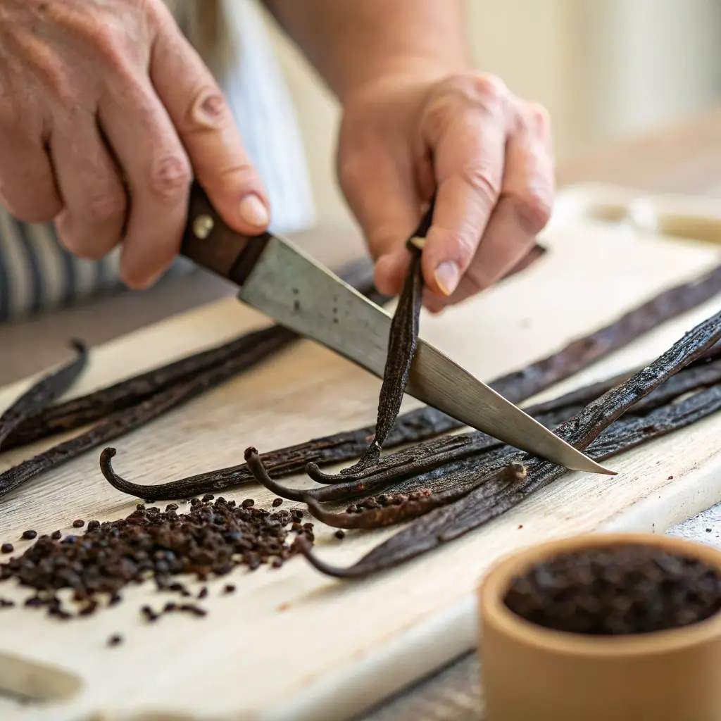 The Best Vanilla Paste Recipe: A Homemade, Flavorful Twist for Your Favorite Desserts 1 Scraping vanilla beans to make homemade vanilla paste